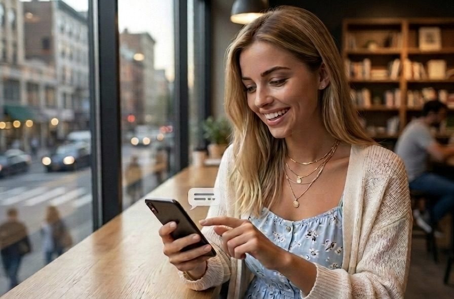 A woman smiling while chatting with her AI companion on her phone