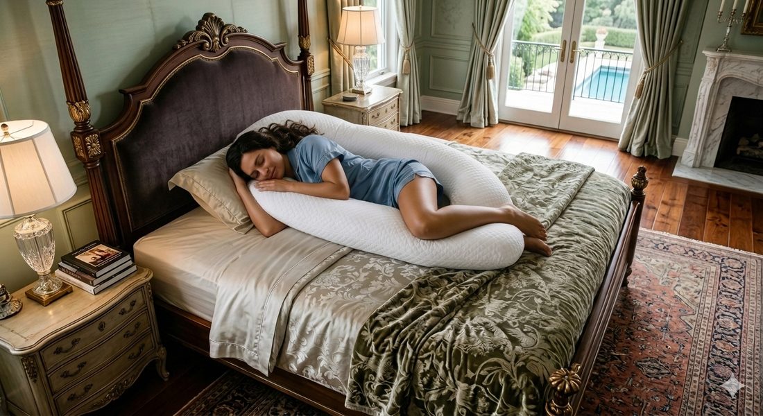 A woman resting comfortably with a body pillow in an elegant bedroom